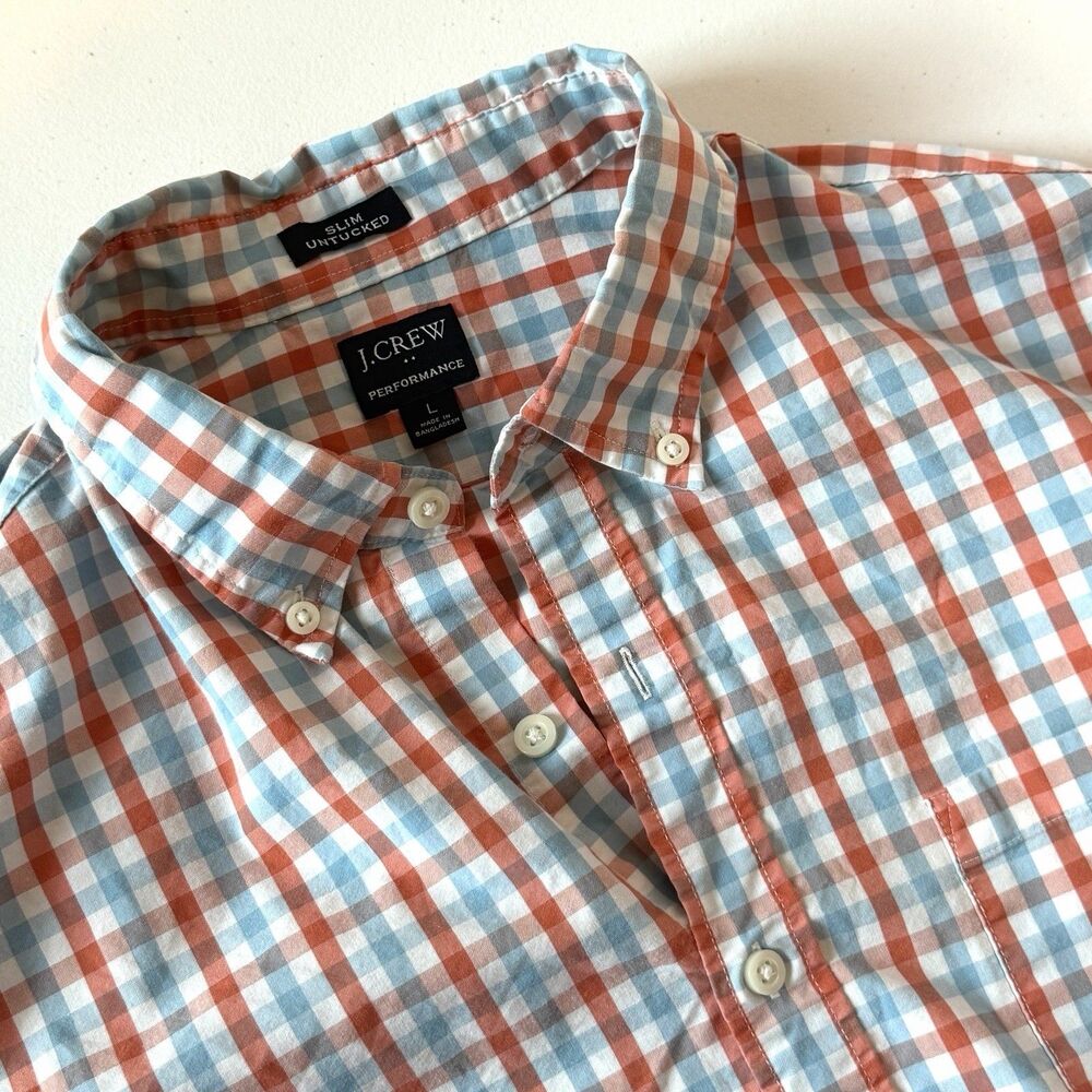 J.Crew Performance Mens Large Slim Untucked Button Down Shirt Gingham Check Blue